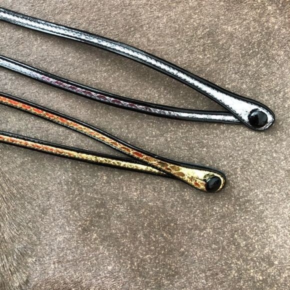 PRADA Gold Patent Leather Button Tab Switch Back Skinny Belt - Picture 7 of 10